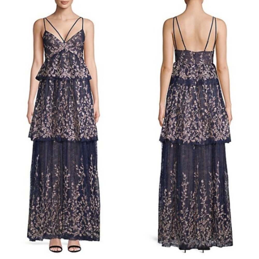 BCBGMaxazria Embroidered Tiered Lace Gown